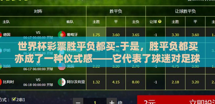 世界杯彩票胜平负都买-于是，胜平负都买亦成了一种仪式感——它代表了球迷对足球无限可能性的尊重与期待。当人们为了支持自己的信仰而勇敢地踏进这片未知之地时，那份既期待又担心的心情，成了整个世界杯期间最真实、最动人的注脚