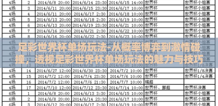 足彩世界杯单场玩法-从概率博弈到激情碰撞，透视足彩世界杯单场玩法的魅力与技巧