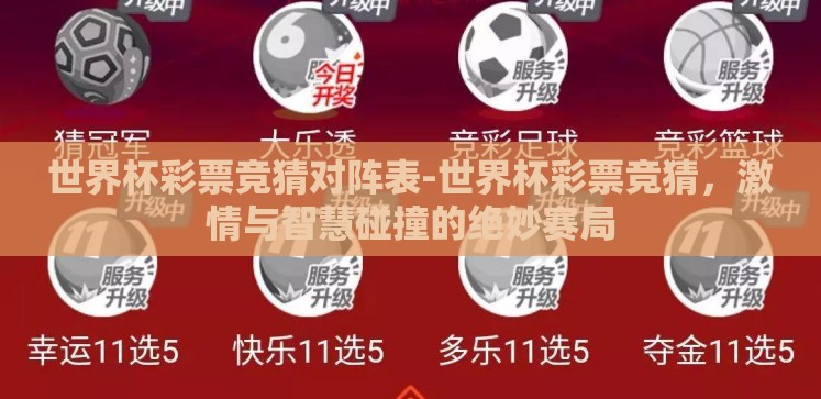 世界杯彩票竞猜对阵表-世界杯彩票竞猜,激情与智慧碰撞的绝妙赛局 世界杯彩票竞猜对阵表-世界杯彩票竞猜,激情与智慧碰撞的绝妙赛局