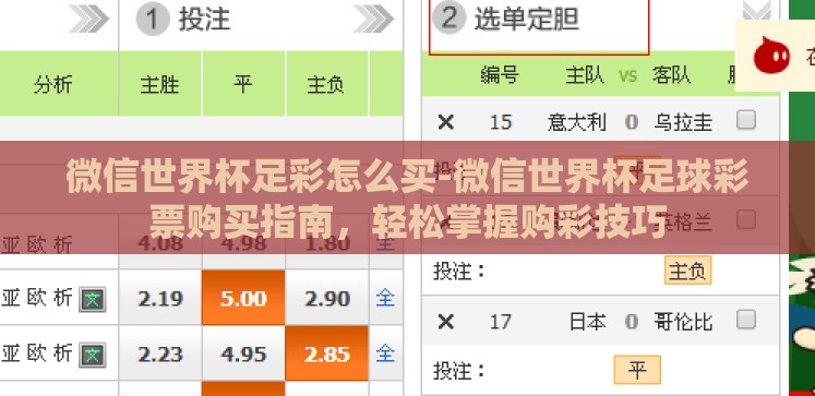 微信世界杯足彩怎么买-微信世界杯足球彩票购买指南,轻松掌握购彩技巧 微信世界杯足彩怎么买-微信世界杯足球彩票购买指南,轻松掌握购彩技巧