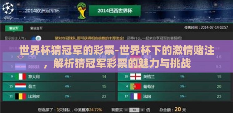 世界杯猜冠军的彩票-世界杯下的激情赌注,解析猜冠军彩票的魅力与挑战 世界杯猜冠军的彩票-世界杯下的激情赌注,解析猜冠军彩票的魅力与挑战