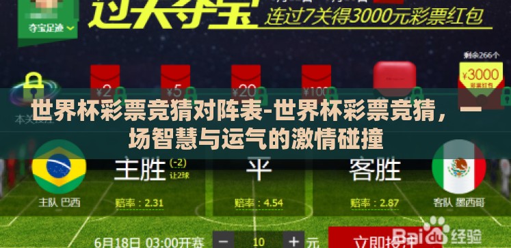 世界杯彩票竞猜对阵表-世界杯彩票竞猜,一场智慧与运气的激情碰撞 世界杯彩票竞猜对阵表-世界杯彩票竞猜,一场智慧与运气的激情碰撞