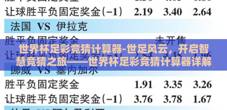 世界杯足彩竞猜计算器-世足风云,开启智慧竞猜之旅——世界杯足彩竞猜计算器详解 世界杯足彩竞猜计算器-世足风云,开启智慧竞猜之旅——世界杯足彩竞猜计算器详解